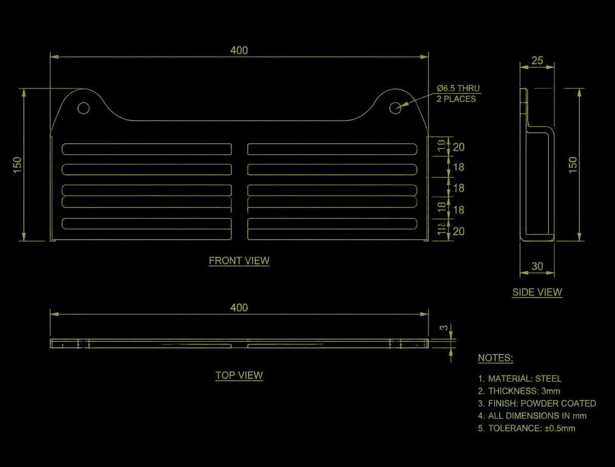 Render técnico em CAD do suporte com cotas de fabricação